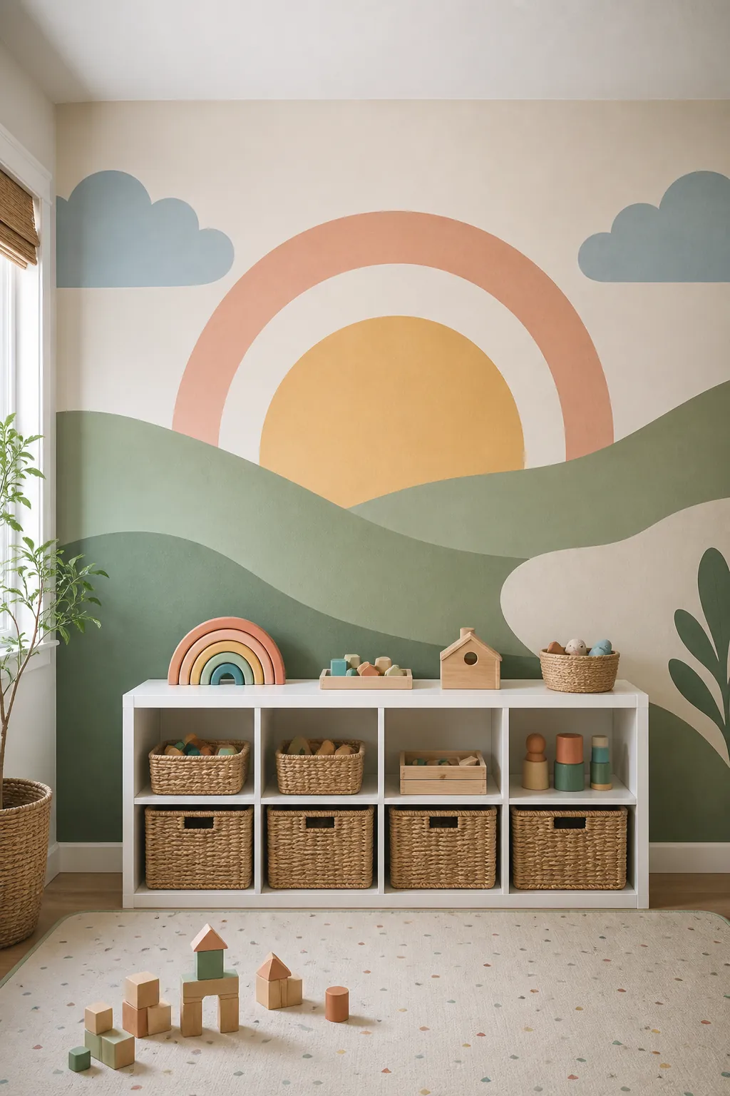 Soft washable mural accent wall in a colorful kids playroom