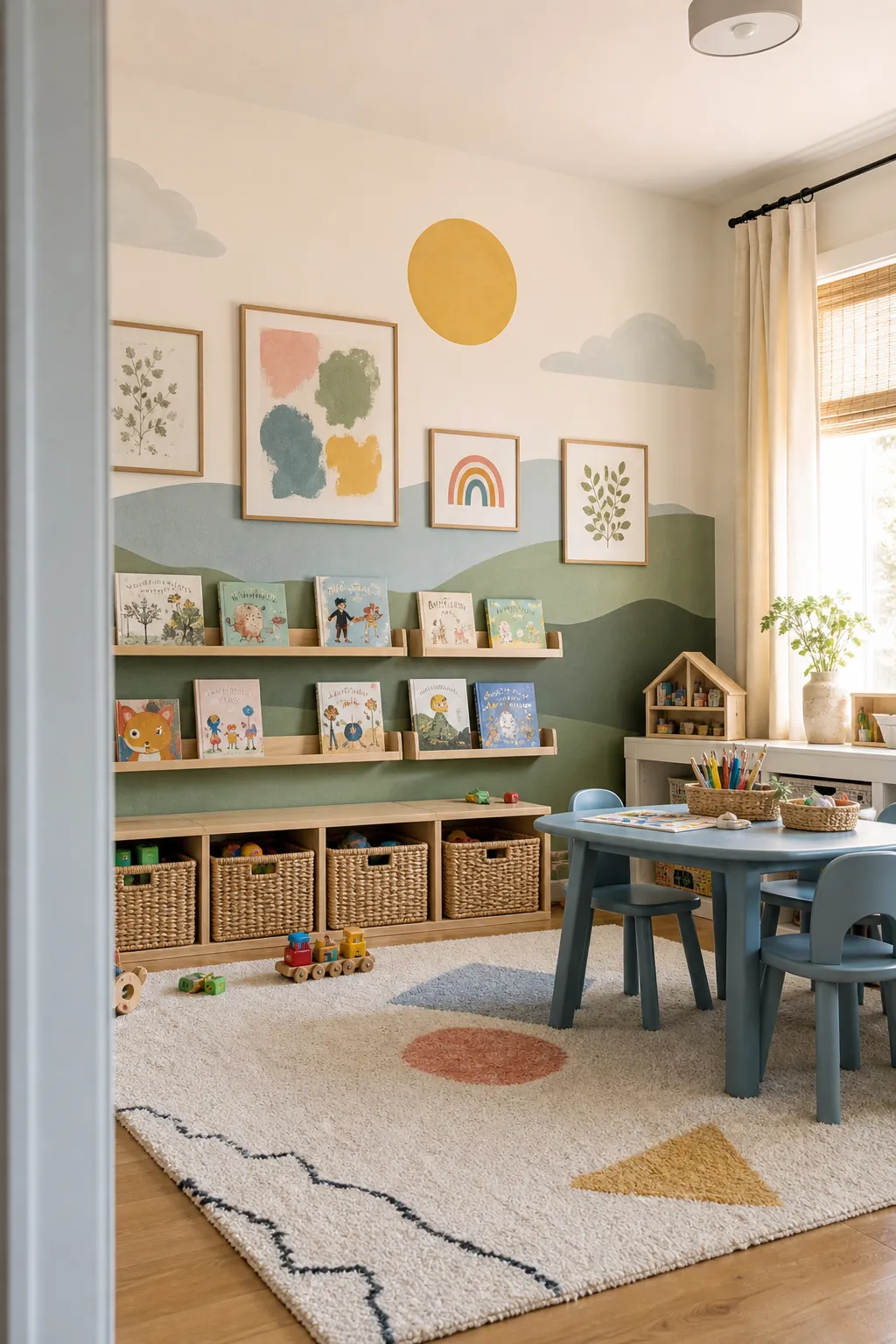 Bright playroom wall with mural, book ledges, child-height gallery art, and organized toy storage