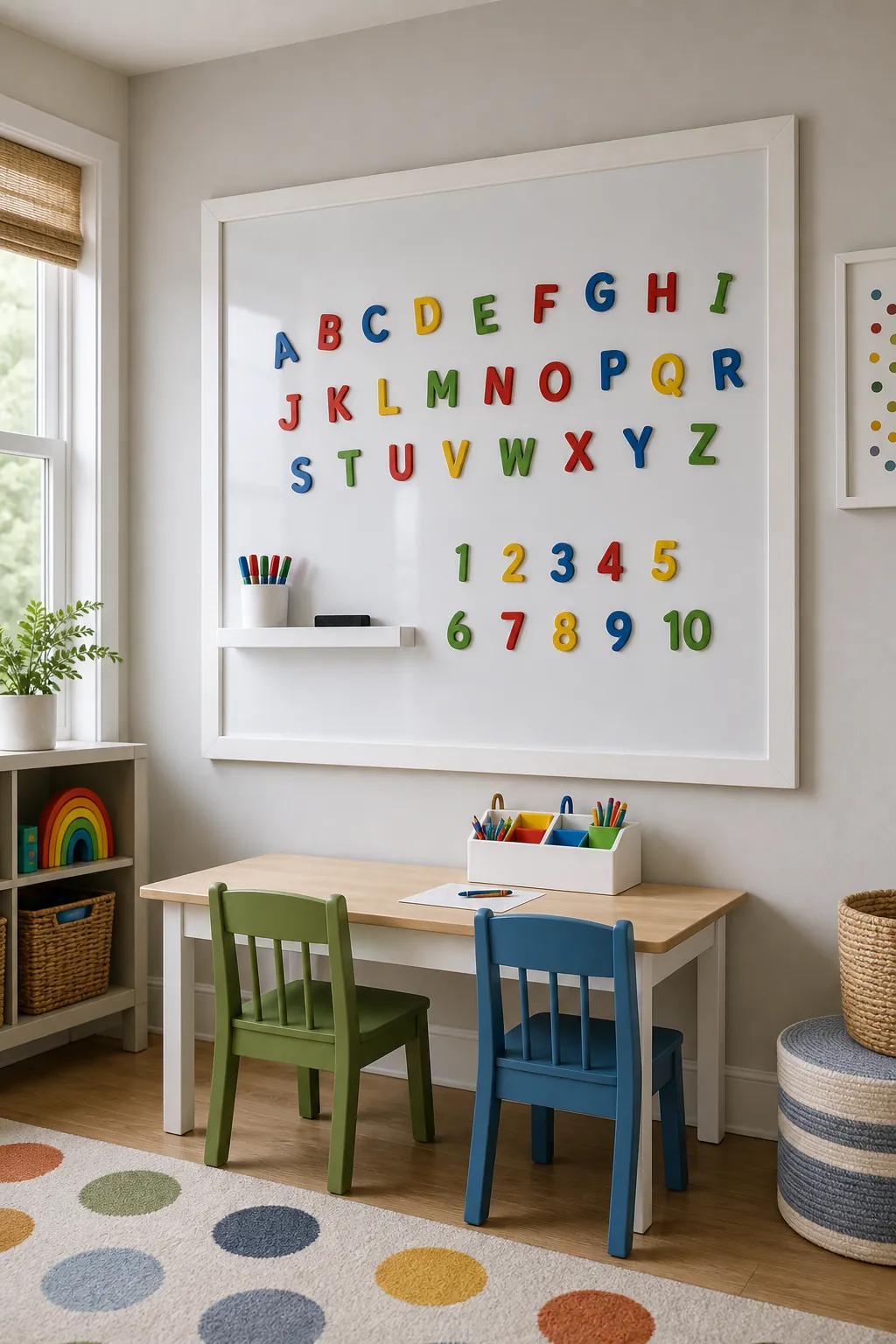 Magnetic learning wall with large letters and a child-height table