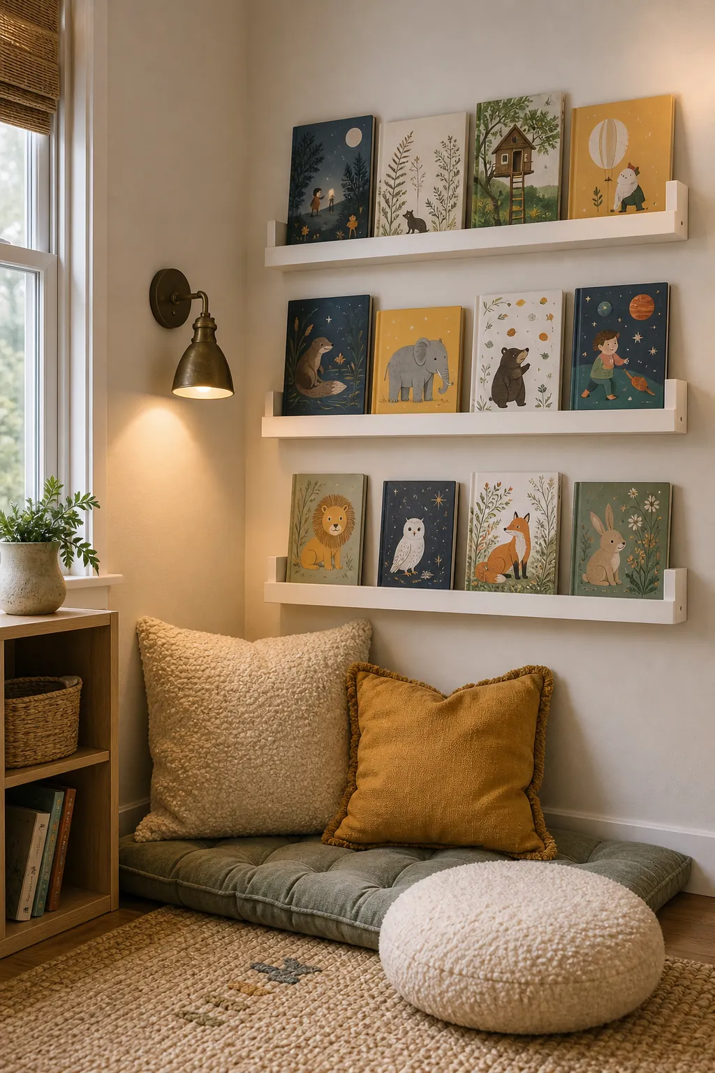 Playroom reading wall with forward-facing book ledges and floor cushions