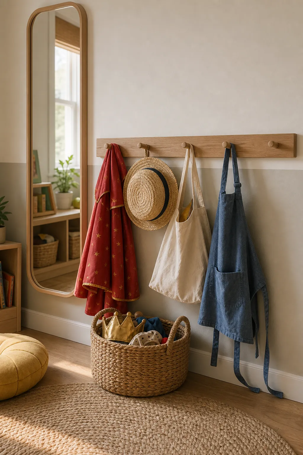 Low wooden peg rail holding dress-up clothes on a playroom wall