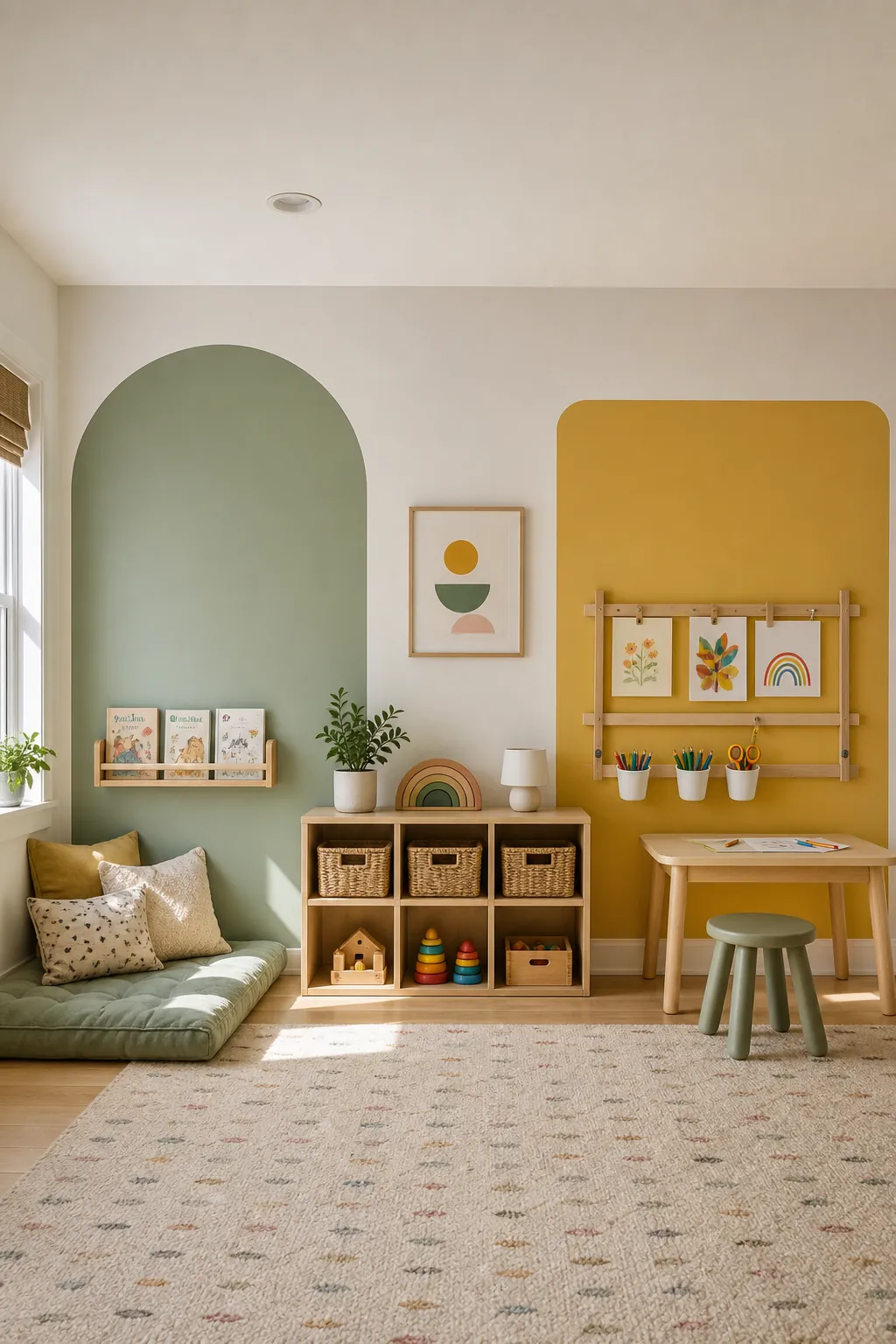 Color-blocked playroom wall that separates reading and toy zones