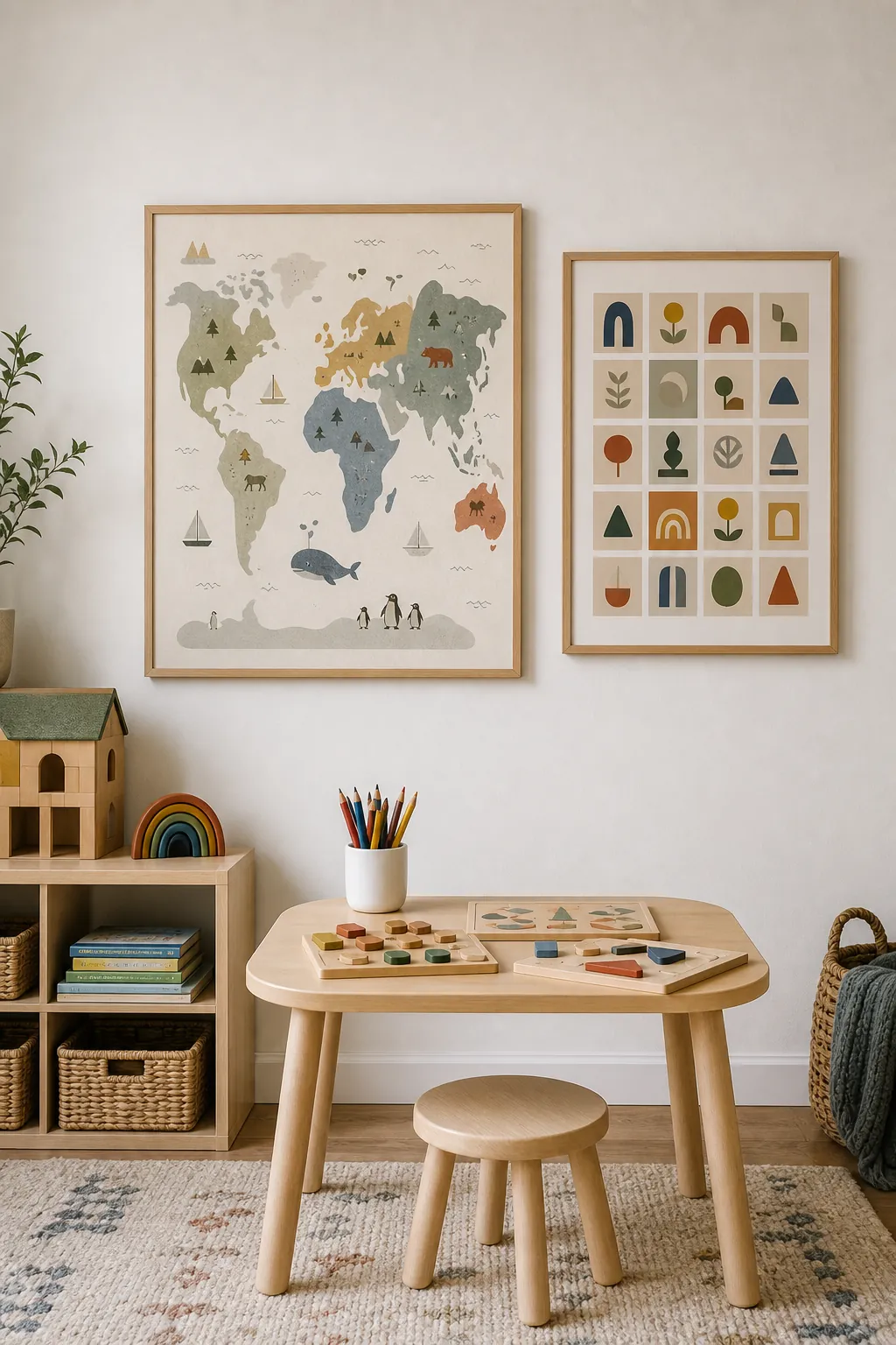 Modern alphabet and map learning wall in a calm kids playroom