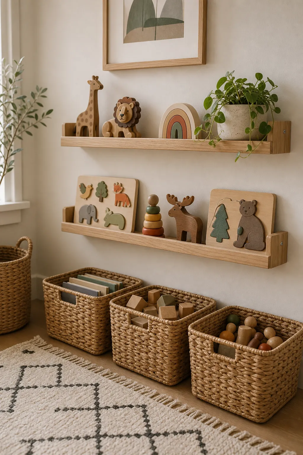 Low anchored playroom display shelves with favorite toys and baskets
