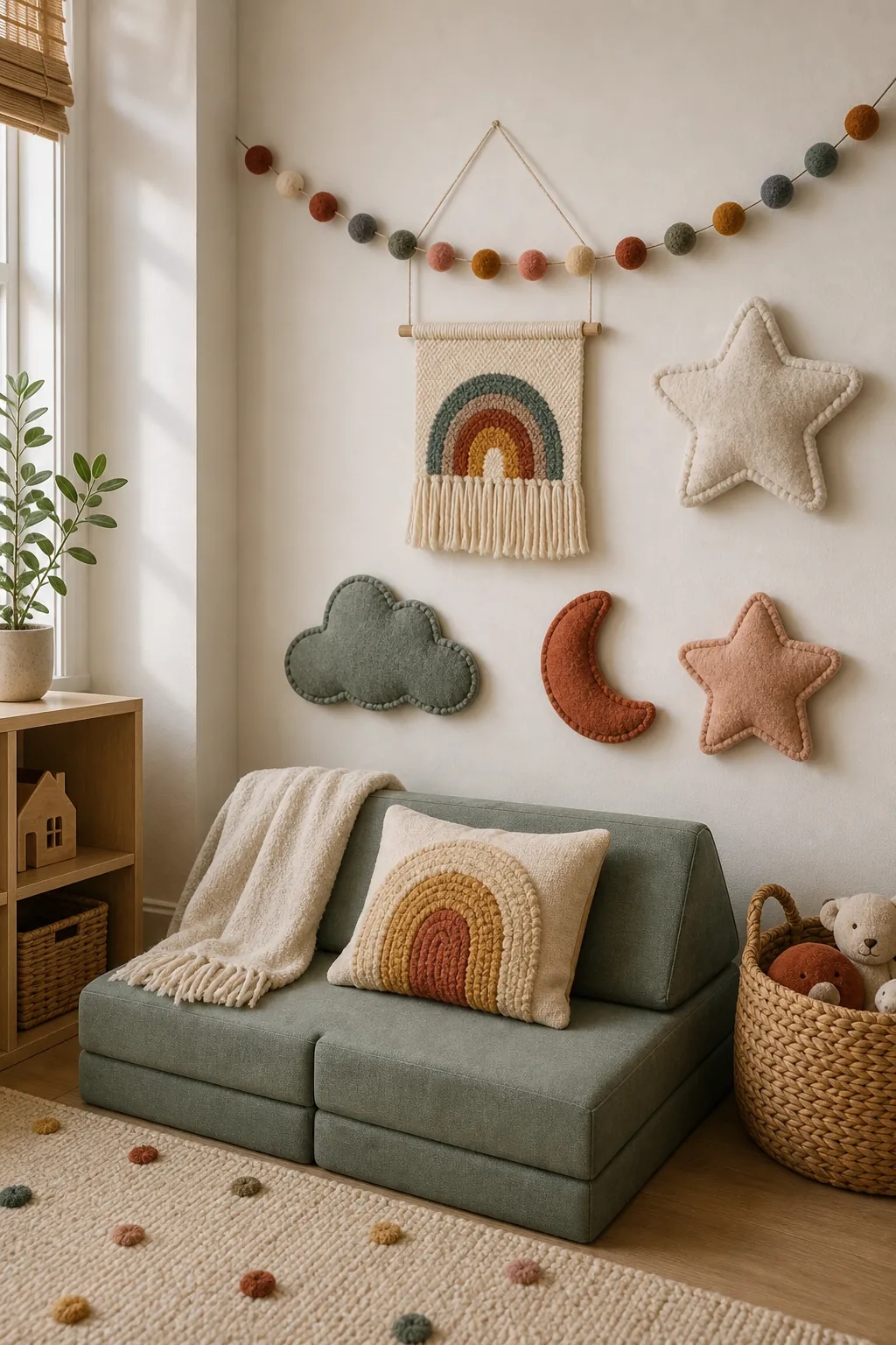 Soft felt and woven wall decor adding texture to a playroom
