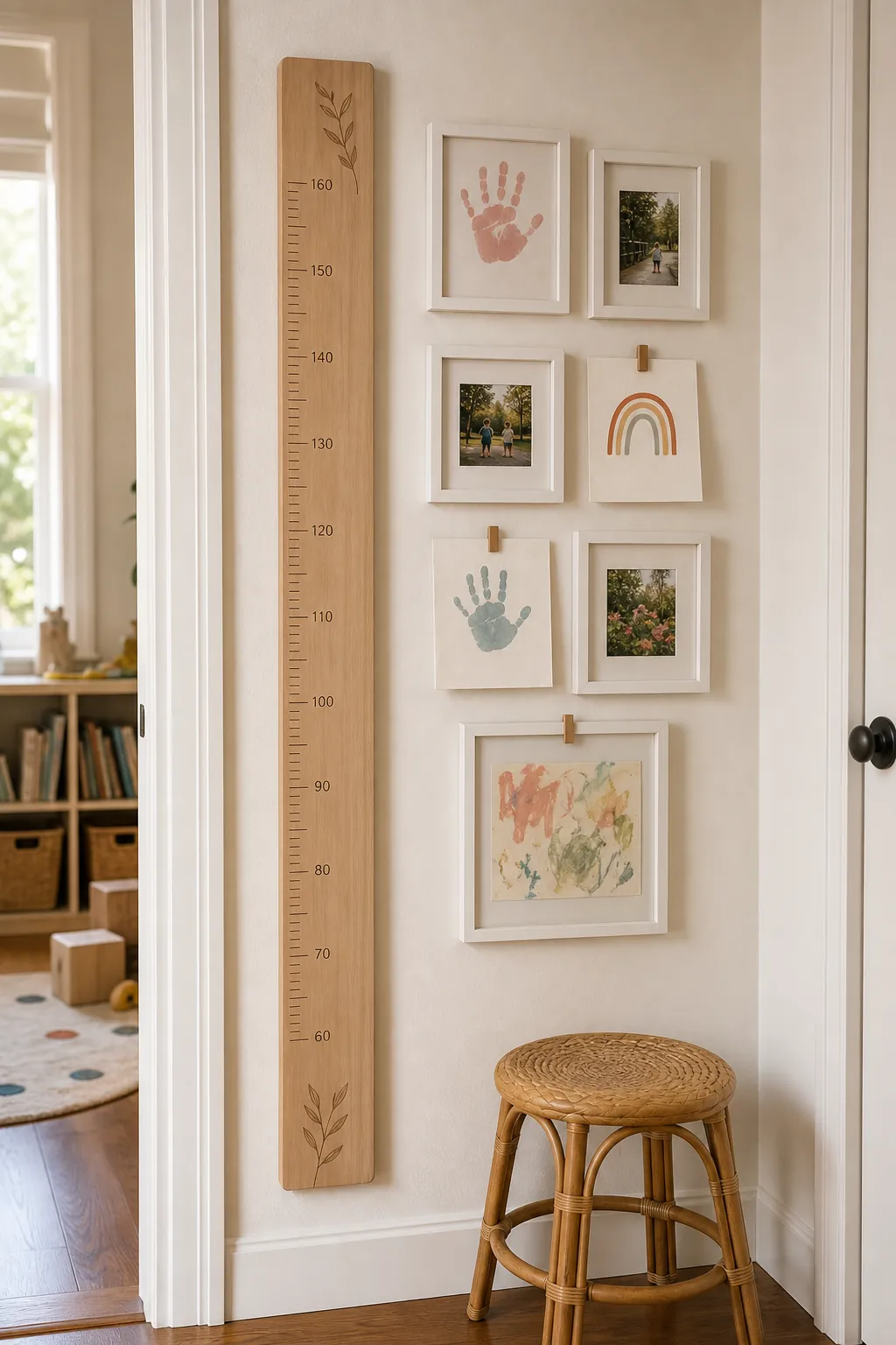 Playroom growth chart wall with small framed family memories