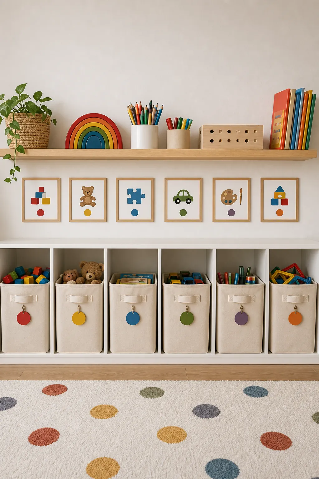 Organized playroom storage wall with picture labels and baskets