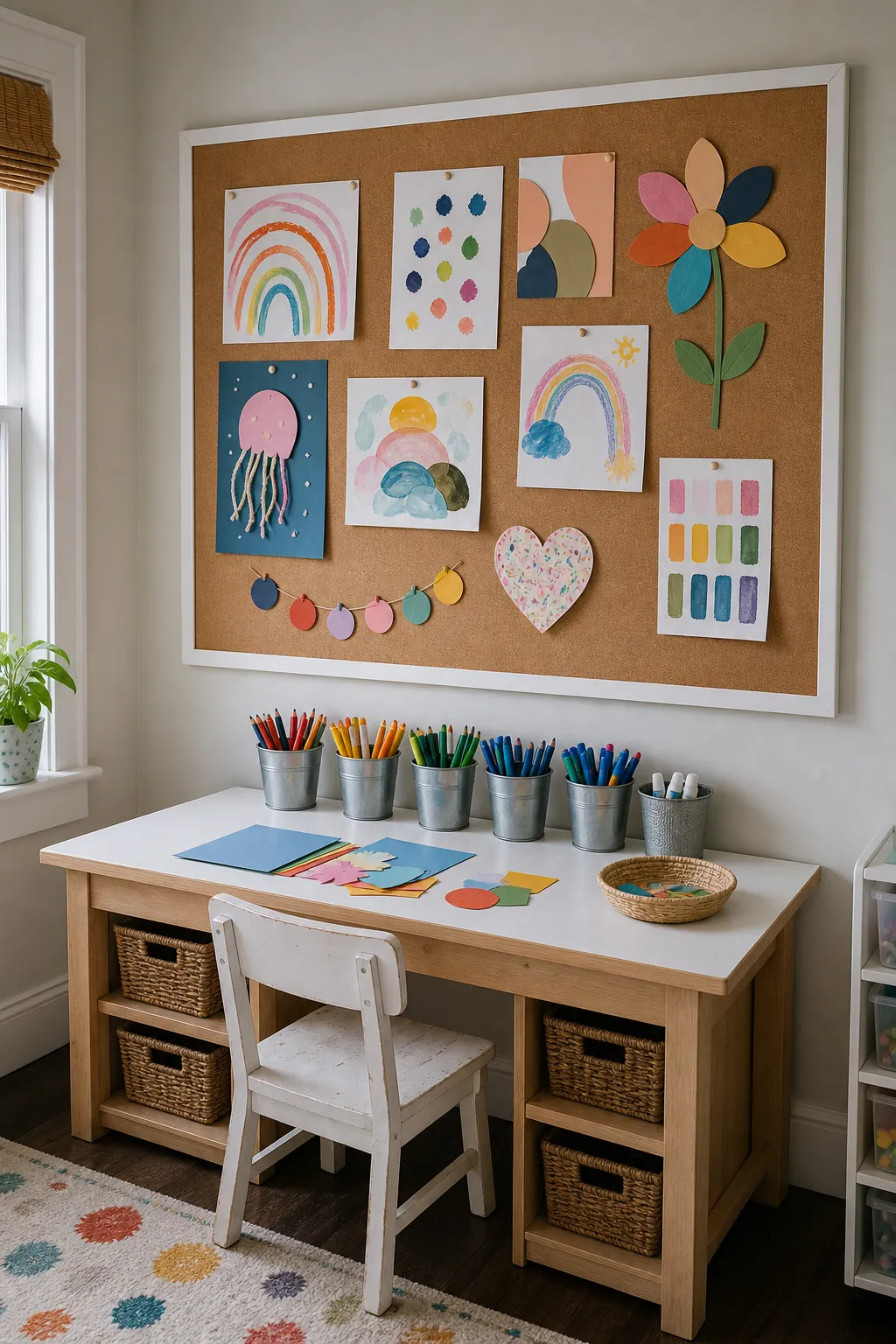 Large cork board playroom wall displaying a rotating set of child artwork