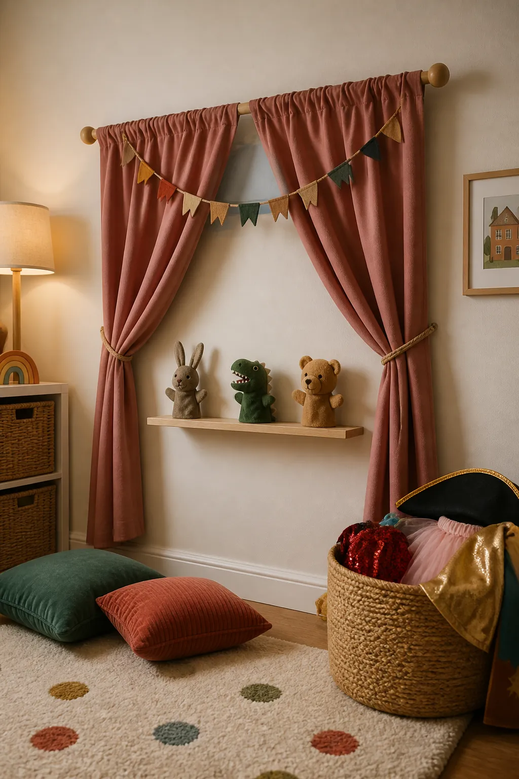 Playroom wall with a small pretend-play stage curtain and floor cushions