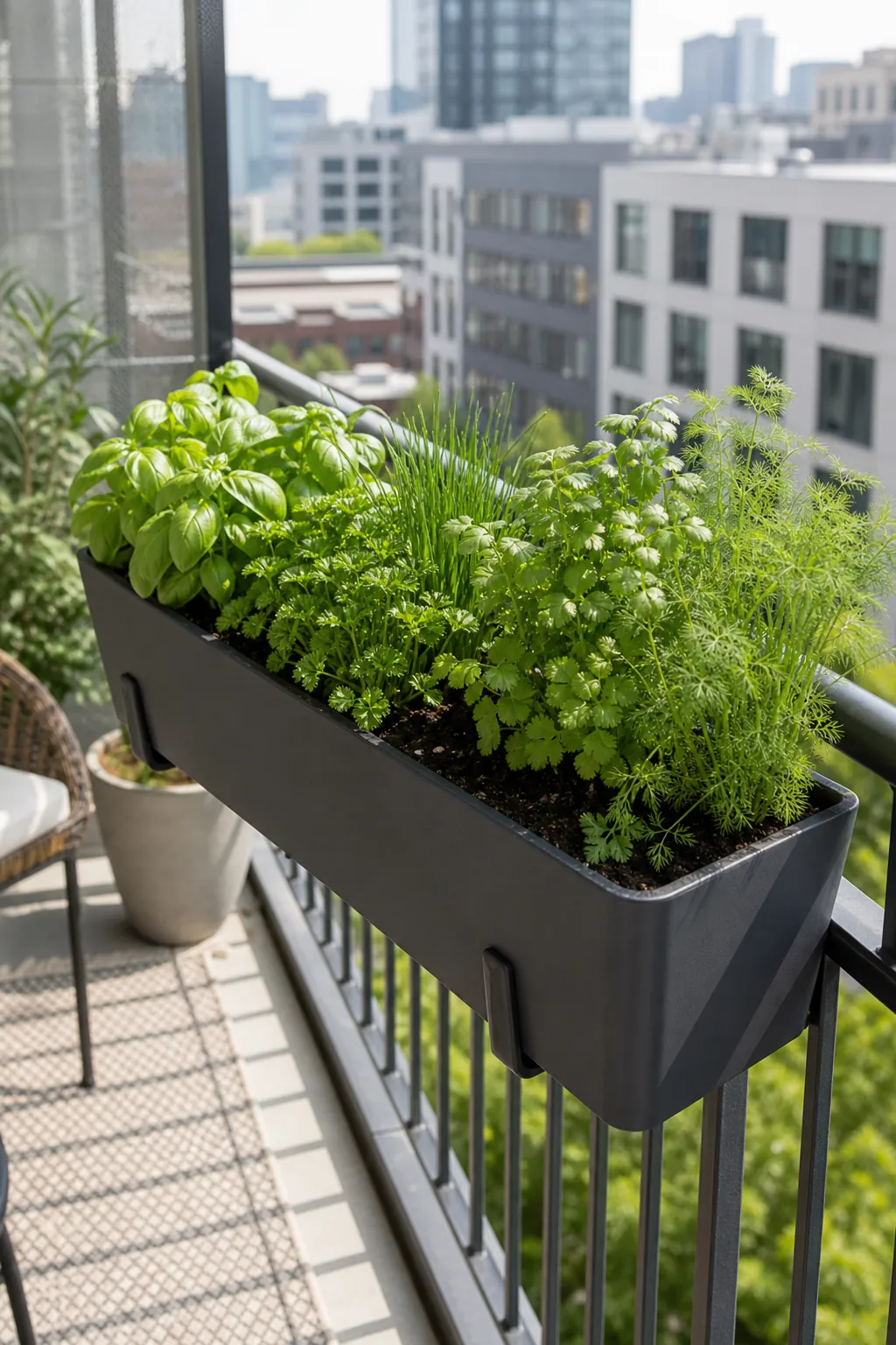 Balcony railing herb box with basil, parsley, and chives