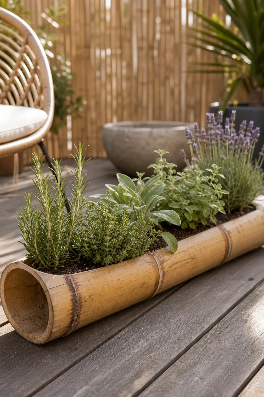 Bamboo trough herb planter filled with rosemary, thyme, and sage