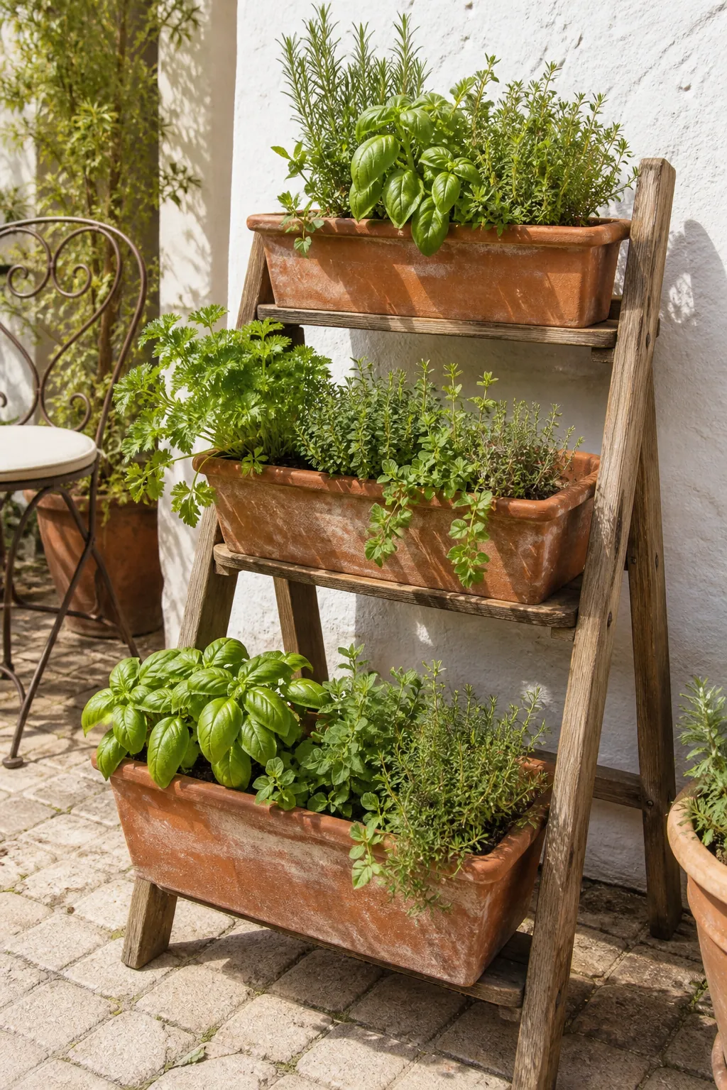 Tiered terra-cotta herb ladder planter on a sunny patio