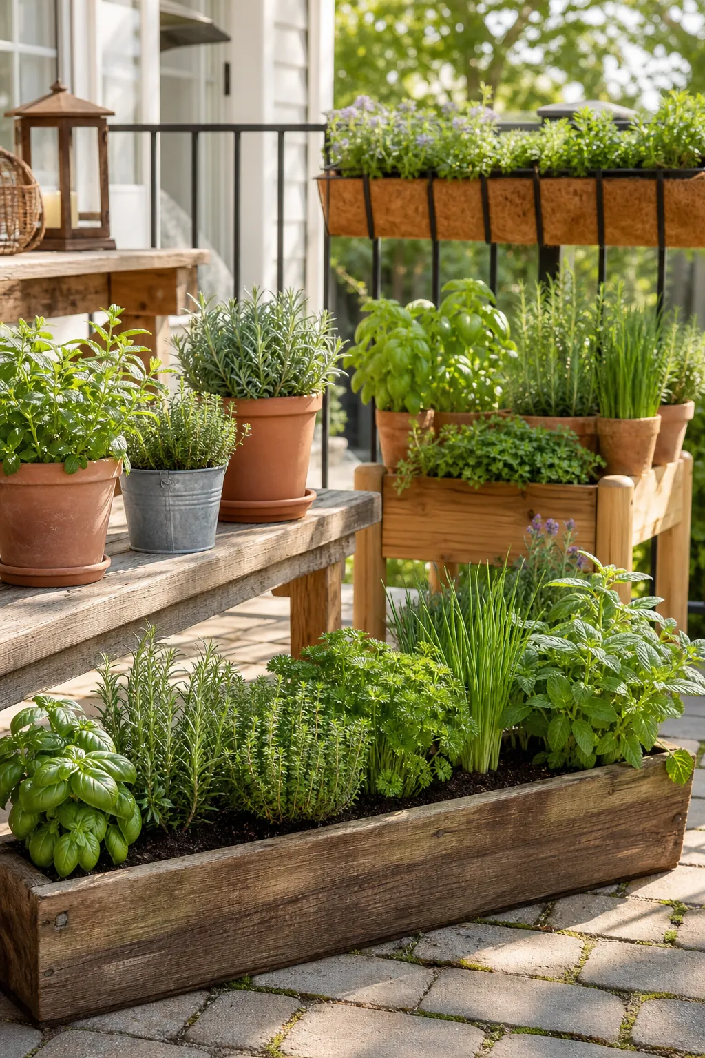 A lush collection of herb planter ideas for patios, porches, balconies, and small gardens