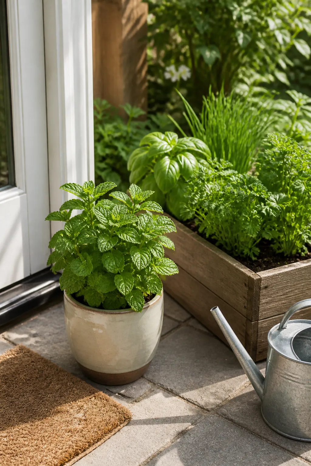 Separate mint pot placed beside a mixed herb garden planter