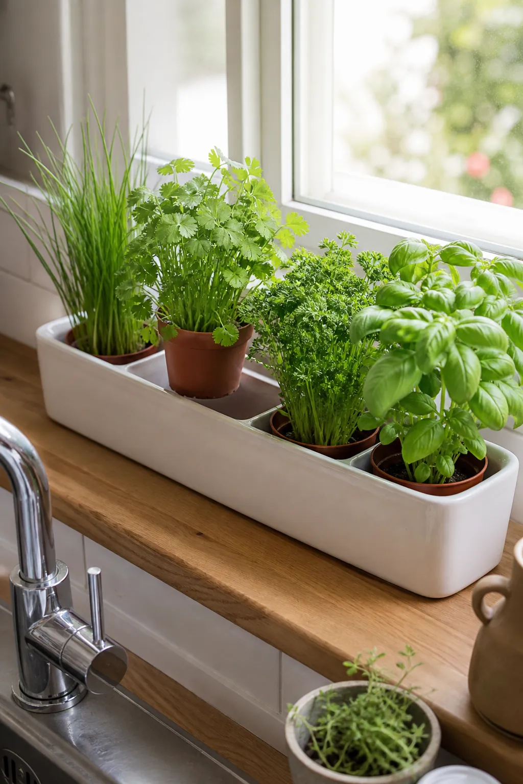 Kitchen windowsill herb trough with small basil and chive pots