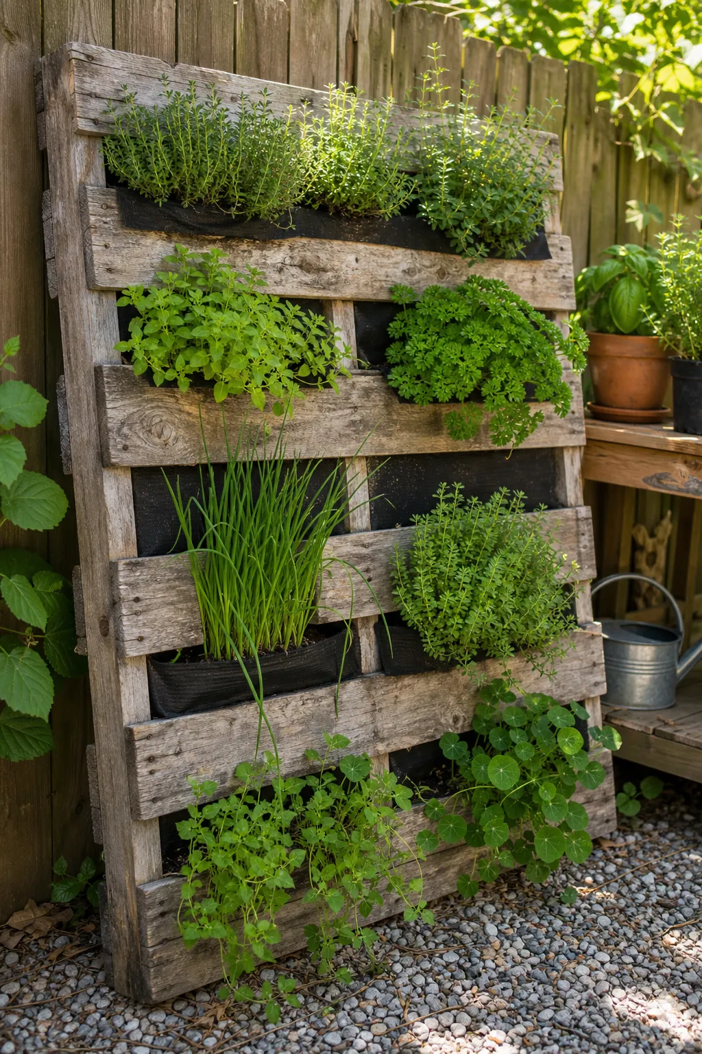 Pallet herb garden wall with labeled herb pockets outdoors