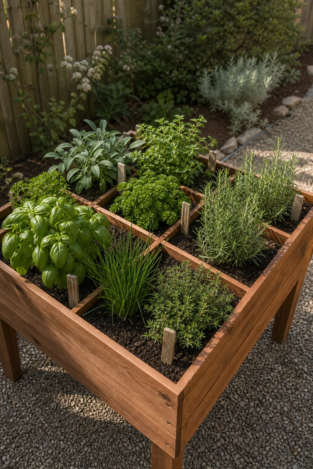 Raised herb garden bed divided into tidy wooden compartments