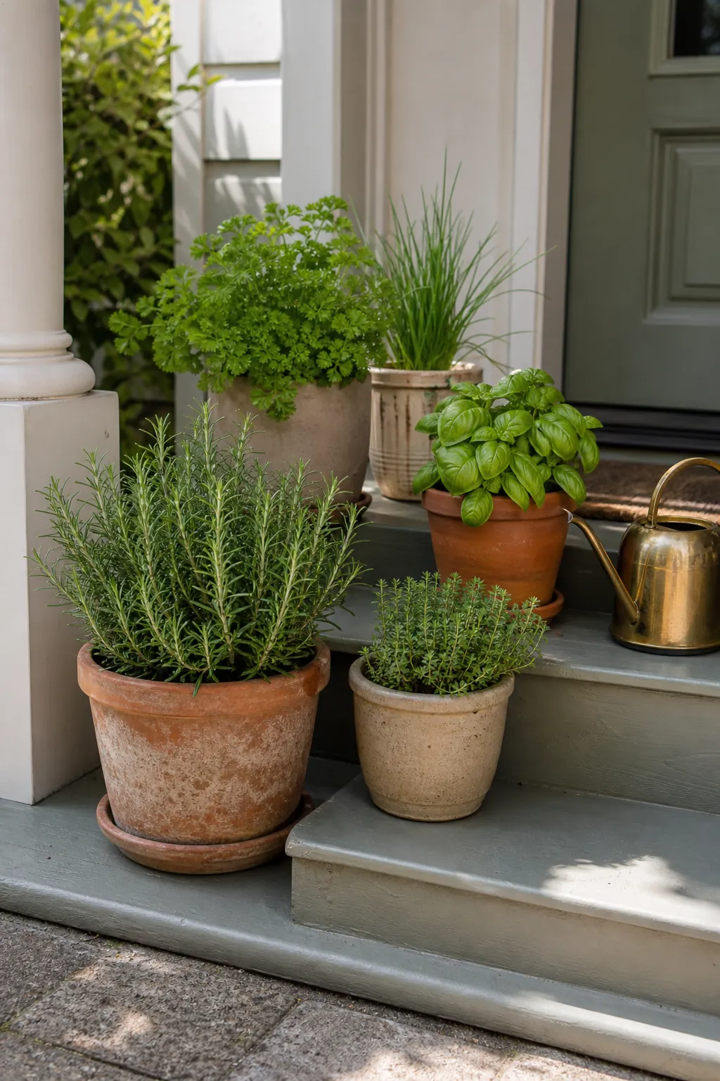 Porch step herb pots arranged by height near a front door