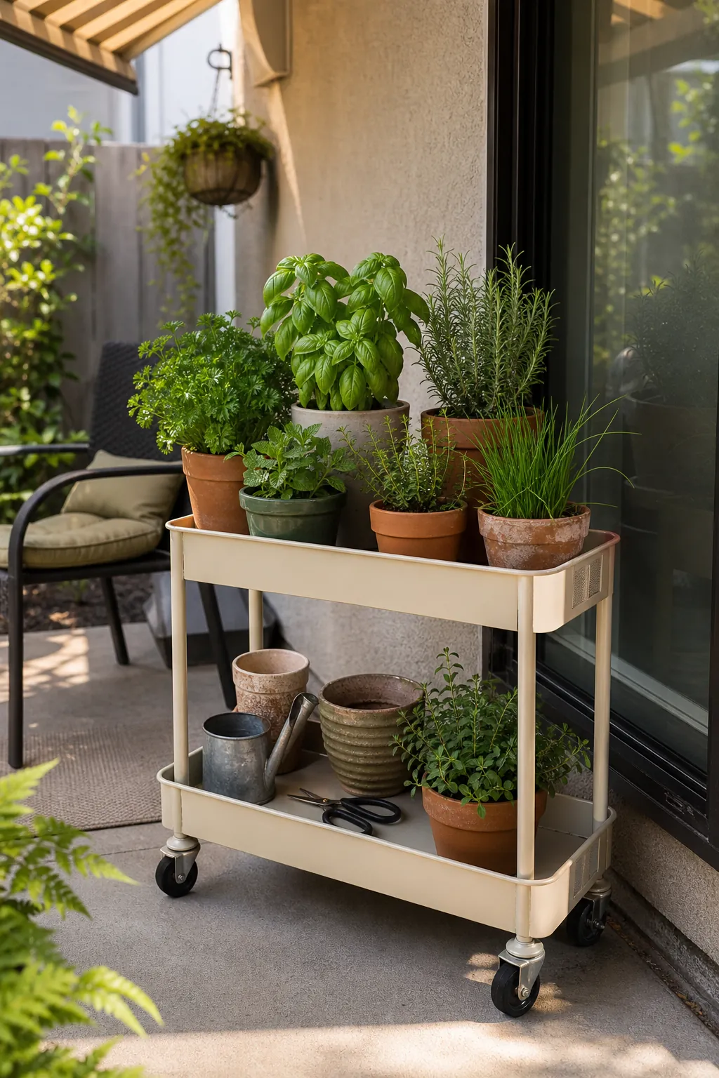 Rolling herb cart with potted herbs on a compact patio