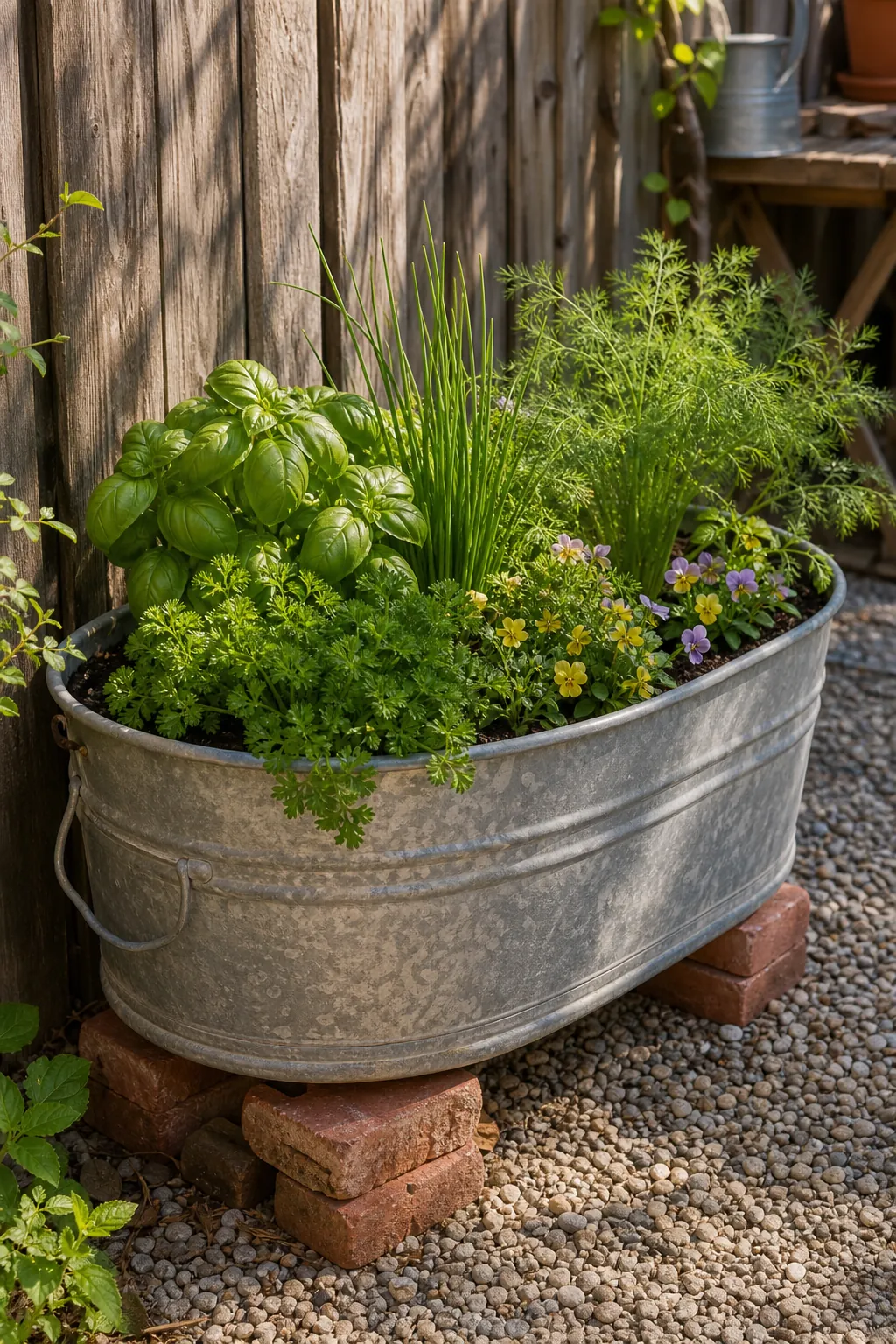 Galvanized tub herb planter with drainage holes and mixed herbs