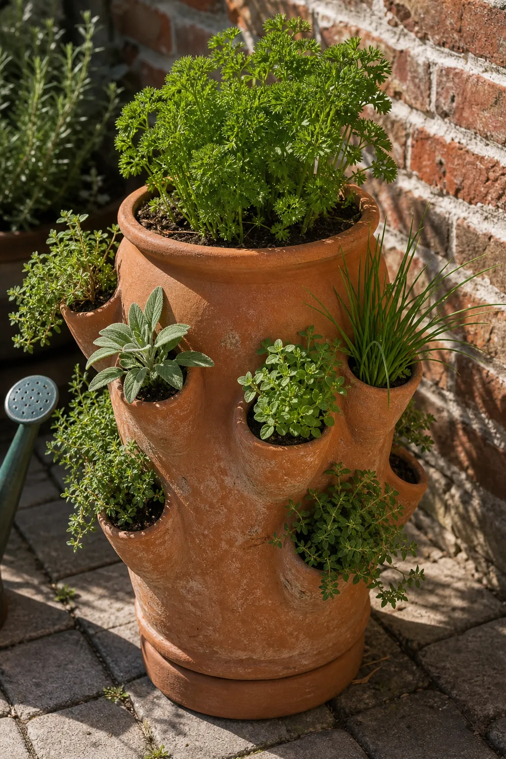 Strawberry pot herb tower planted with thyme, oregano, and chives