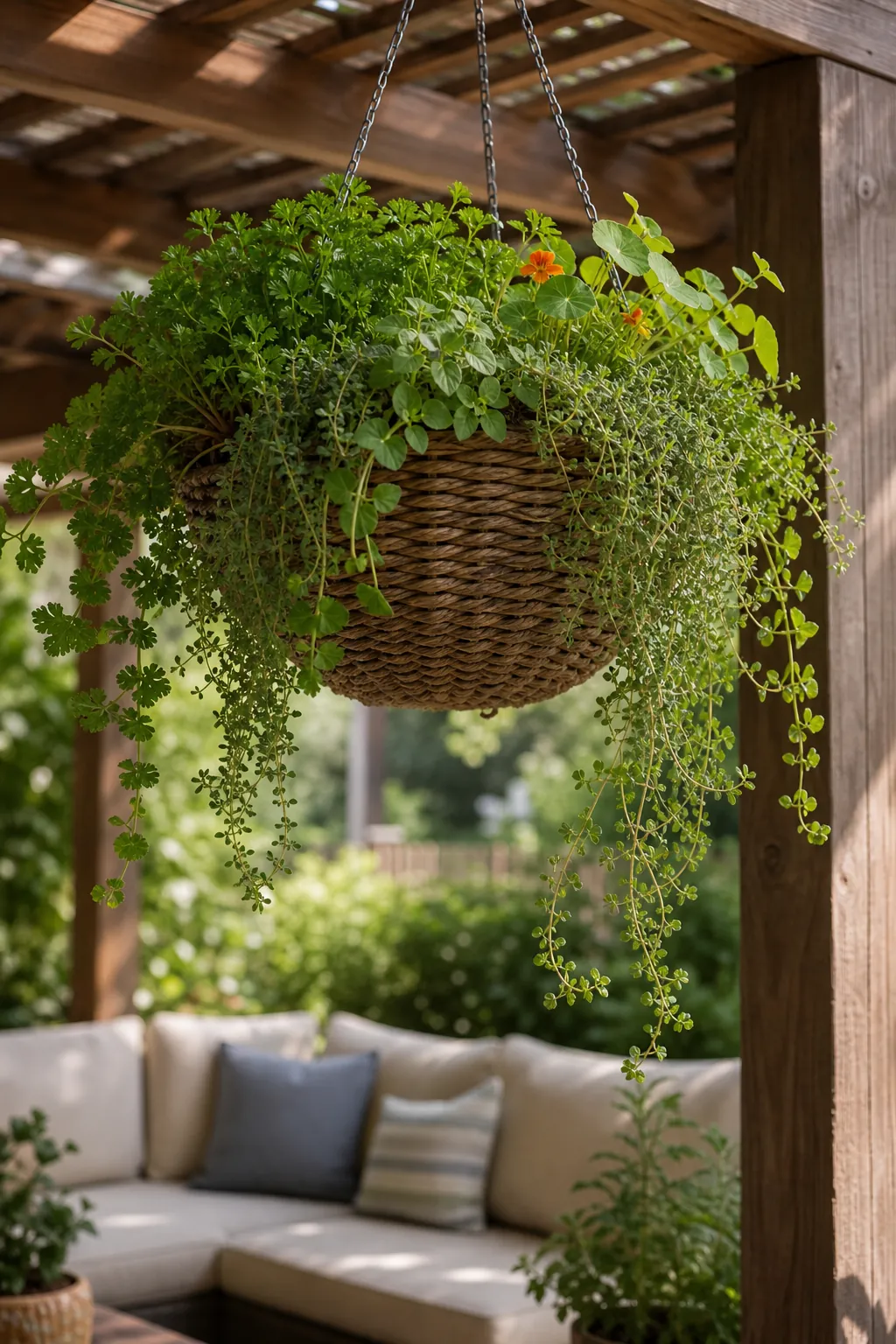Hanging basket herb planter with trailing thyme and parsley