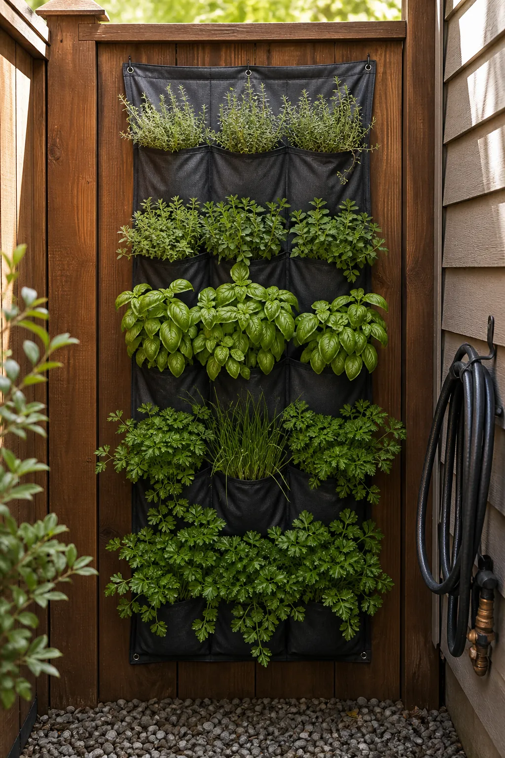 Vertical pocket herb planter mounted on a fence with leafy herbs