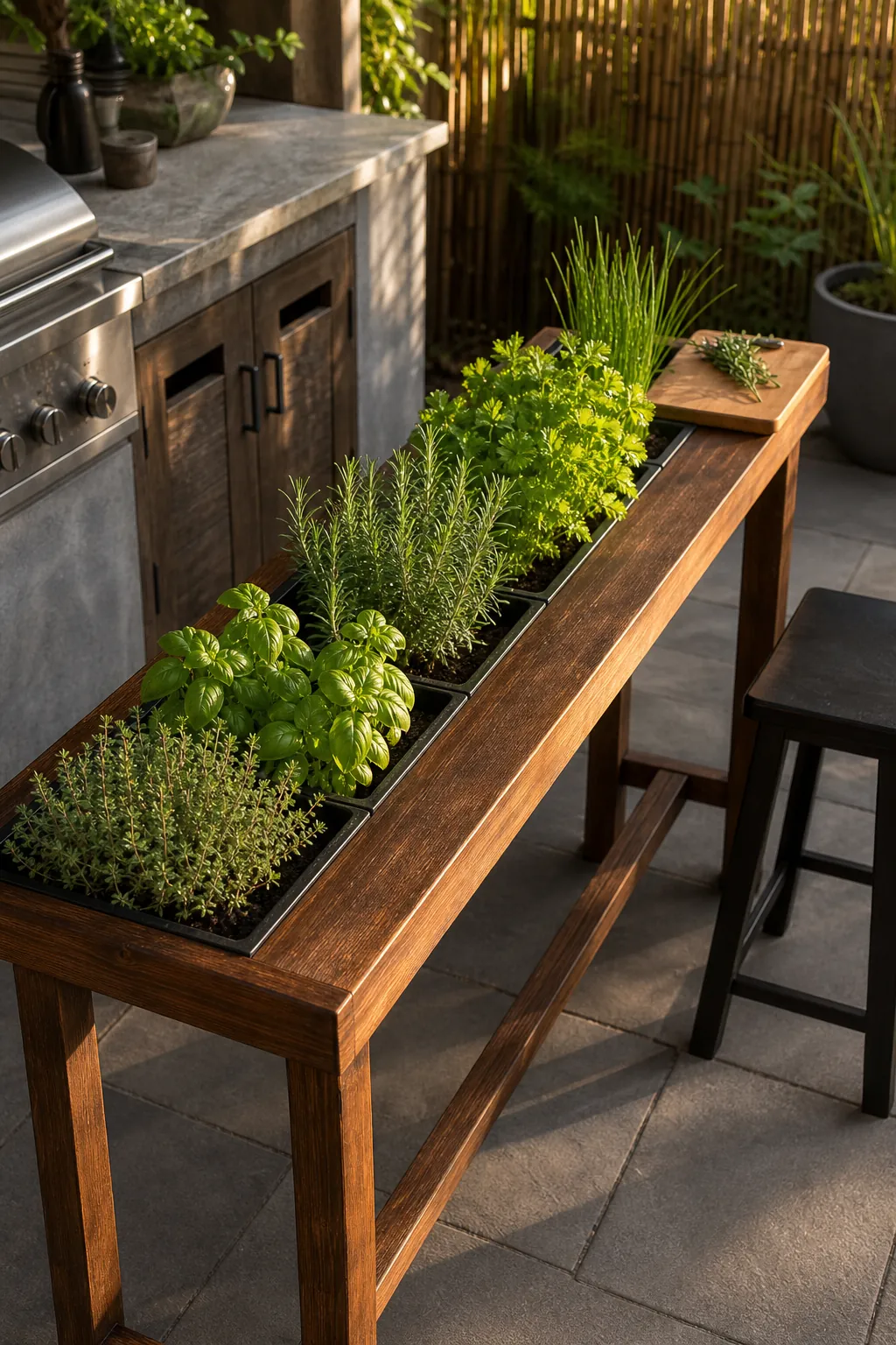 Counter-height herb table with divided planters beside outdoor seating
