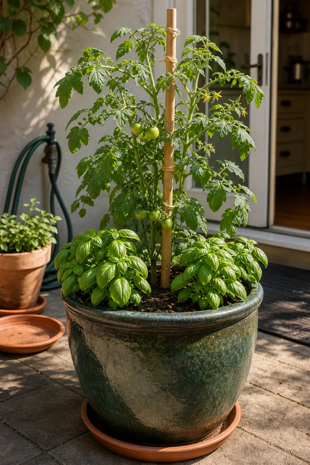 Tomato and basil companion planter in a large patio pot