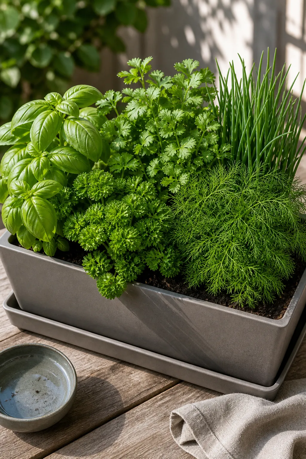Moisture-loving herb planter with basil, parsley, cilantro, and chives