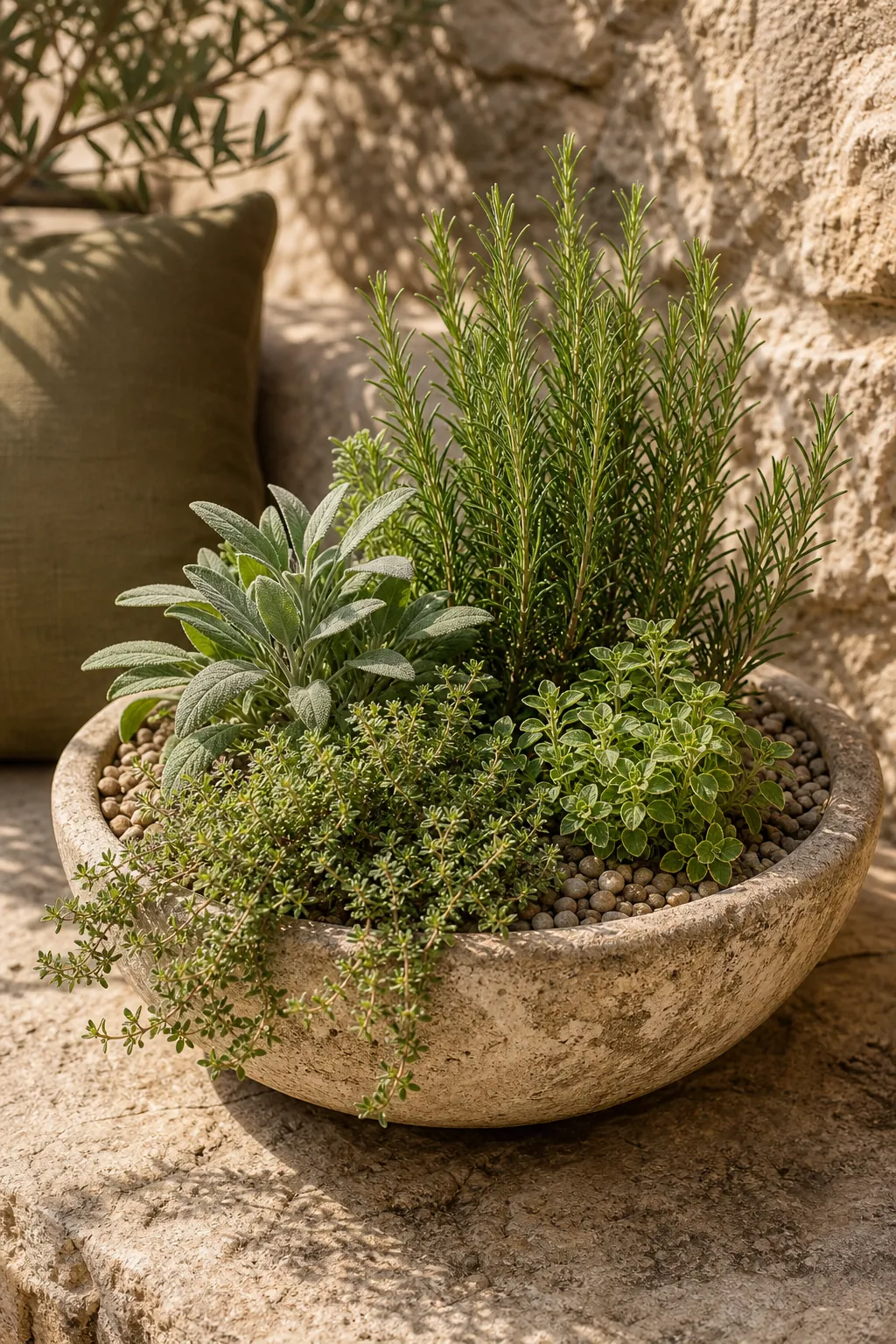 Dry Mediterranean herb bowl with rosemary, sage, thyme, and oregano