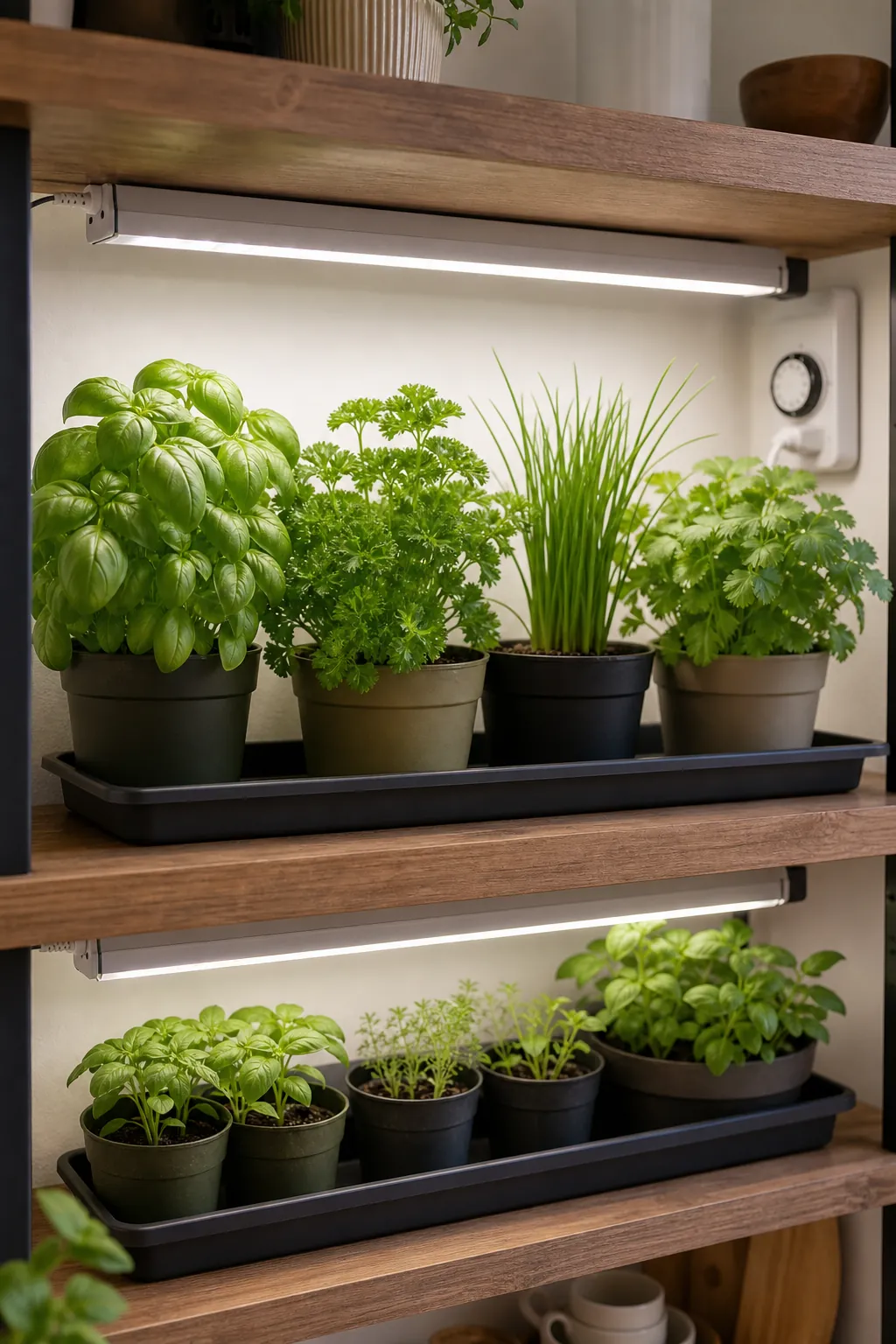 Indoor grow-light herb shelf with small pots and trays