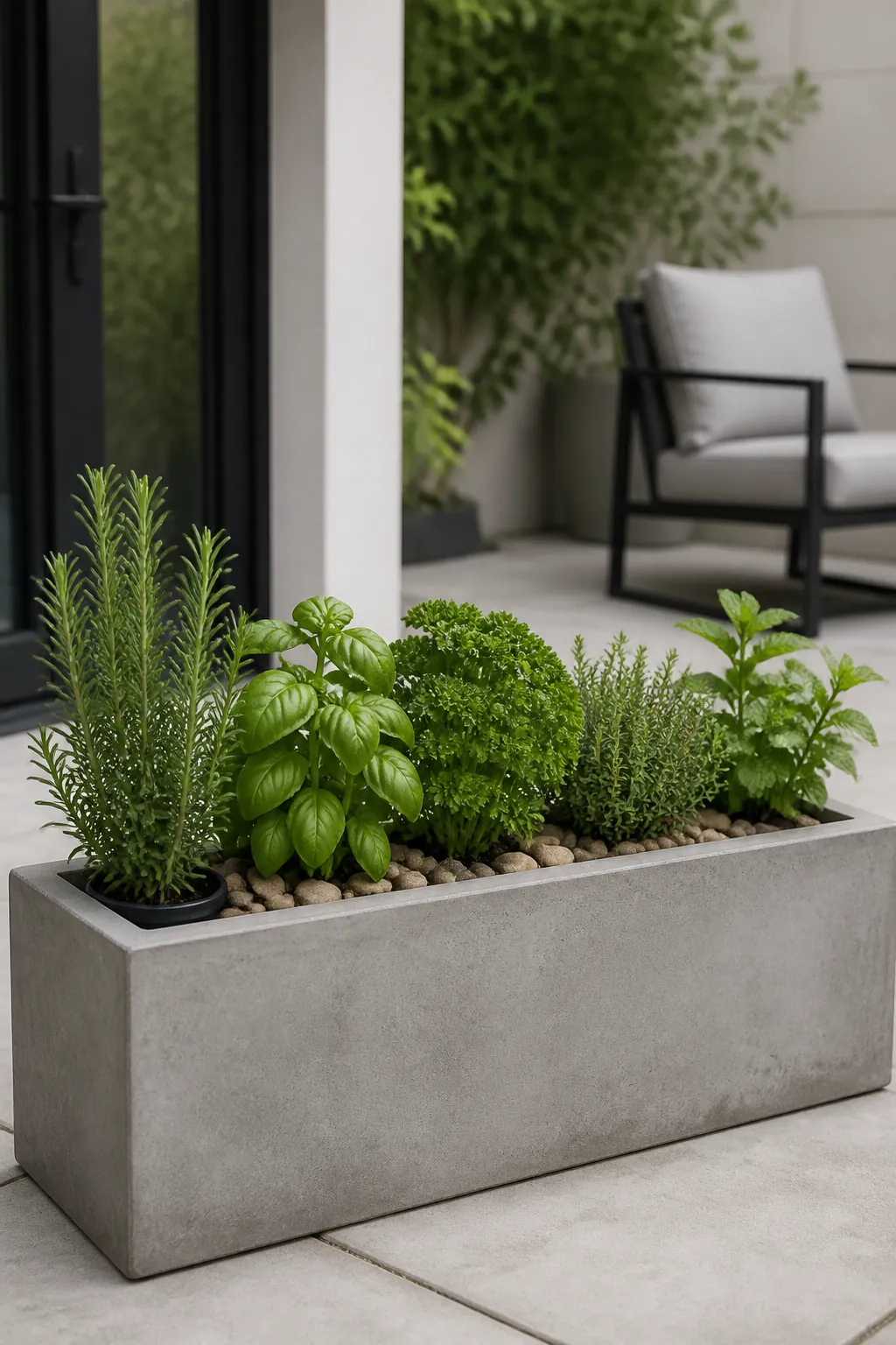 Concrete planter with drop-in herb pots on a modern patio