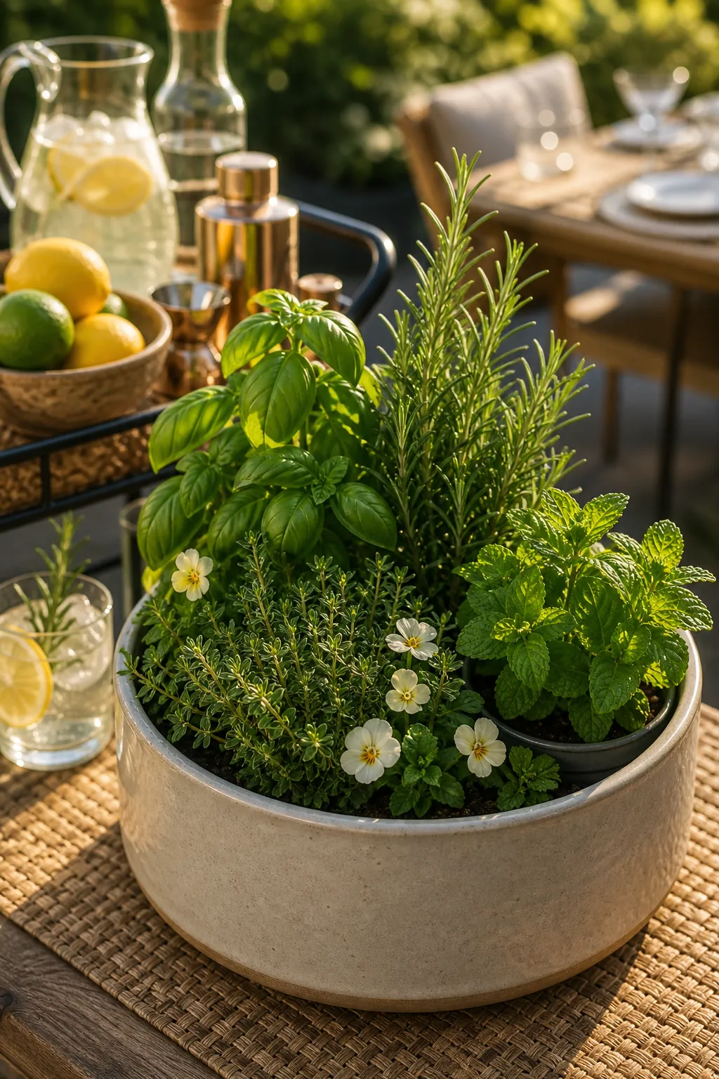 Cocktail herb planter with mint, basil, rosemary, and edible flowers