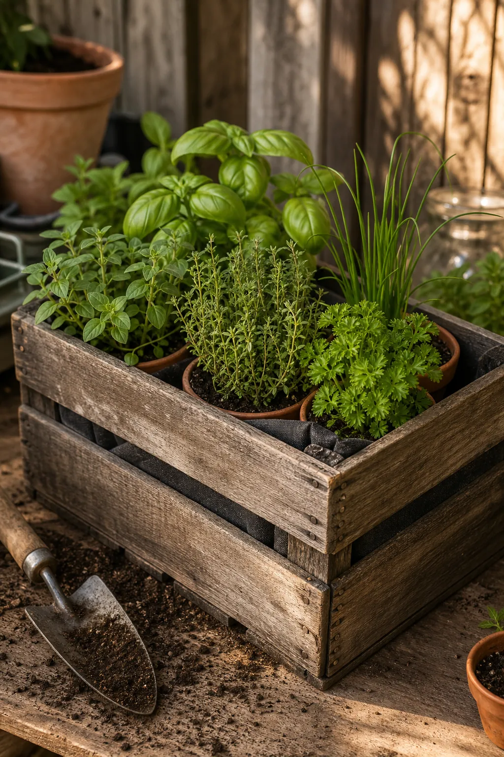 Recycled wooden crate herb box with rustic labels and mixed herbs