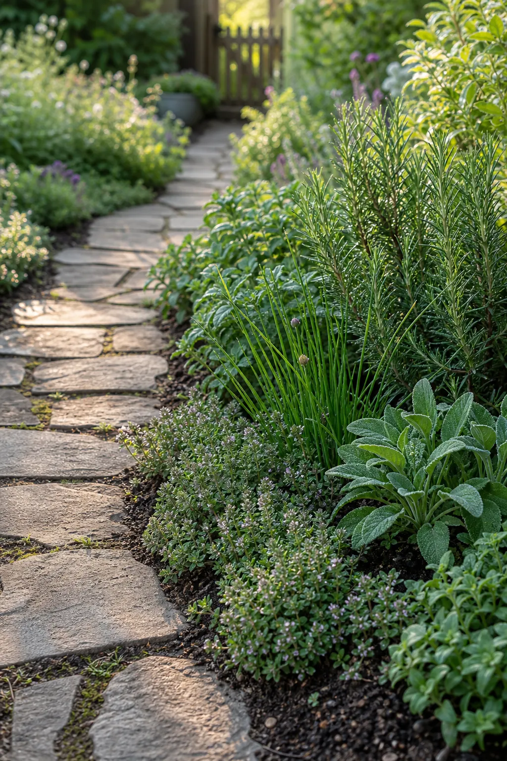 Path-edge herb garden bed with thyme, chives, and rosemary along pavers