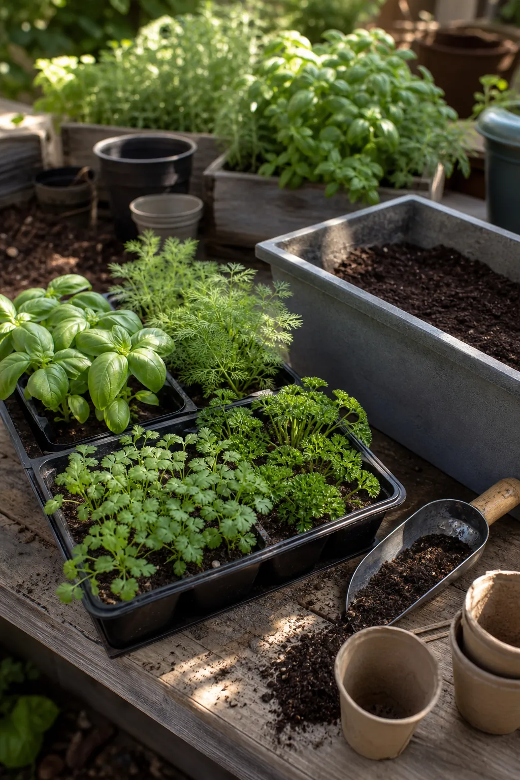 Seedling-to-planter herb station with young herbs ready for transplanting