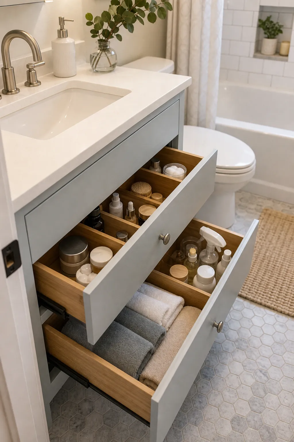 Small bathroom vanity with organized drawers around the sink plumbing