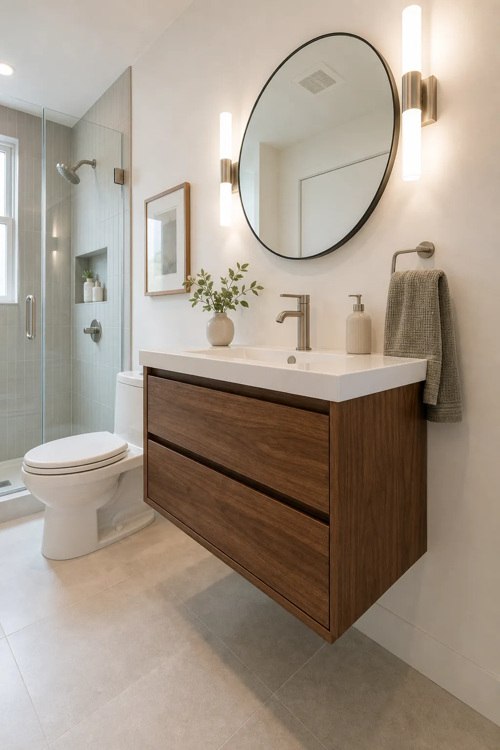 Tiny full bathroom with a wall mounted vanity and open floor space