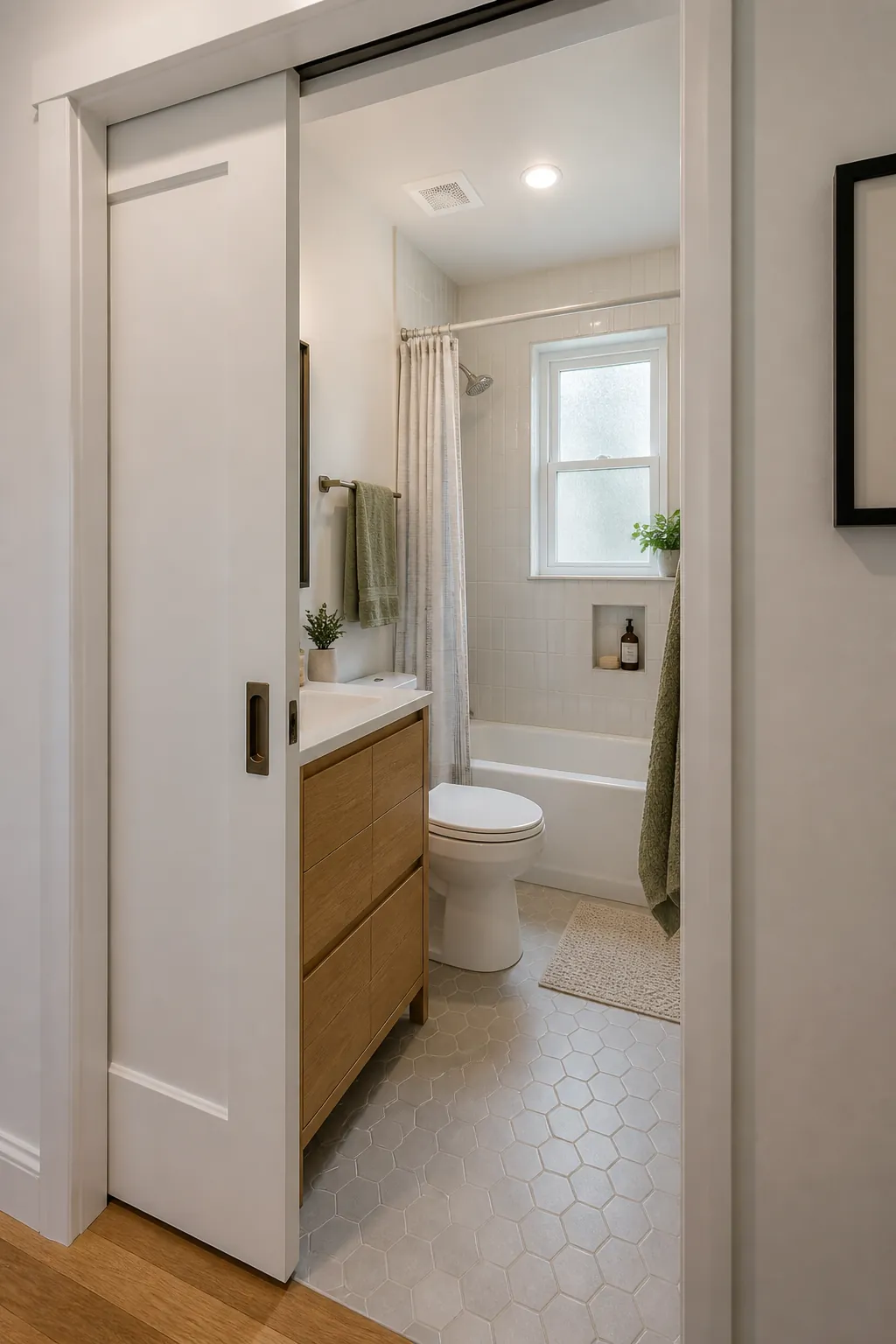 Small full bathroom with a space saving pocket door and compact vanity