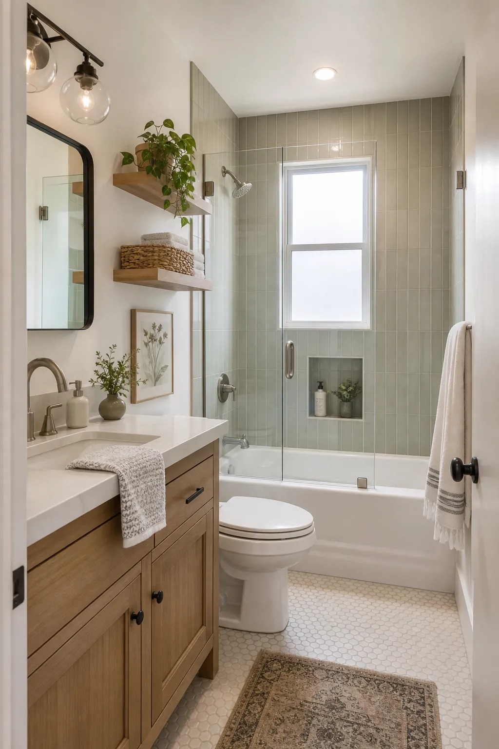 Small full bathroom with smart storage, compact fixtures, and bright tile