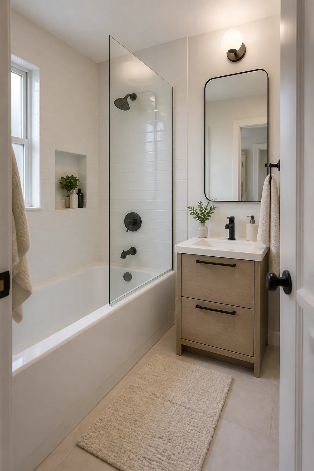Small bathroom with a clear glass tub screen to keep the room open