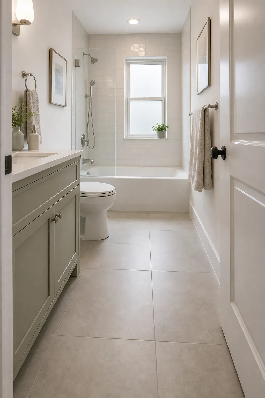 Small full bathroom with continuous floor tile from doorway to tub