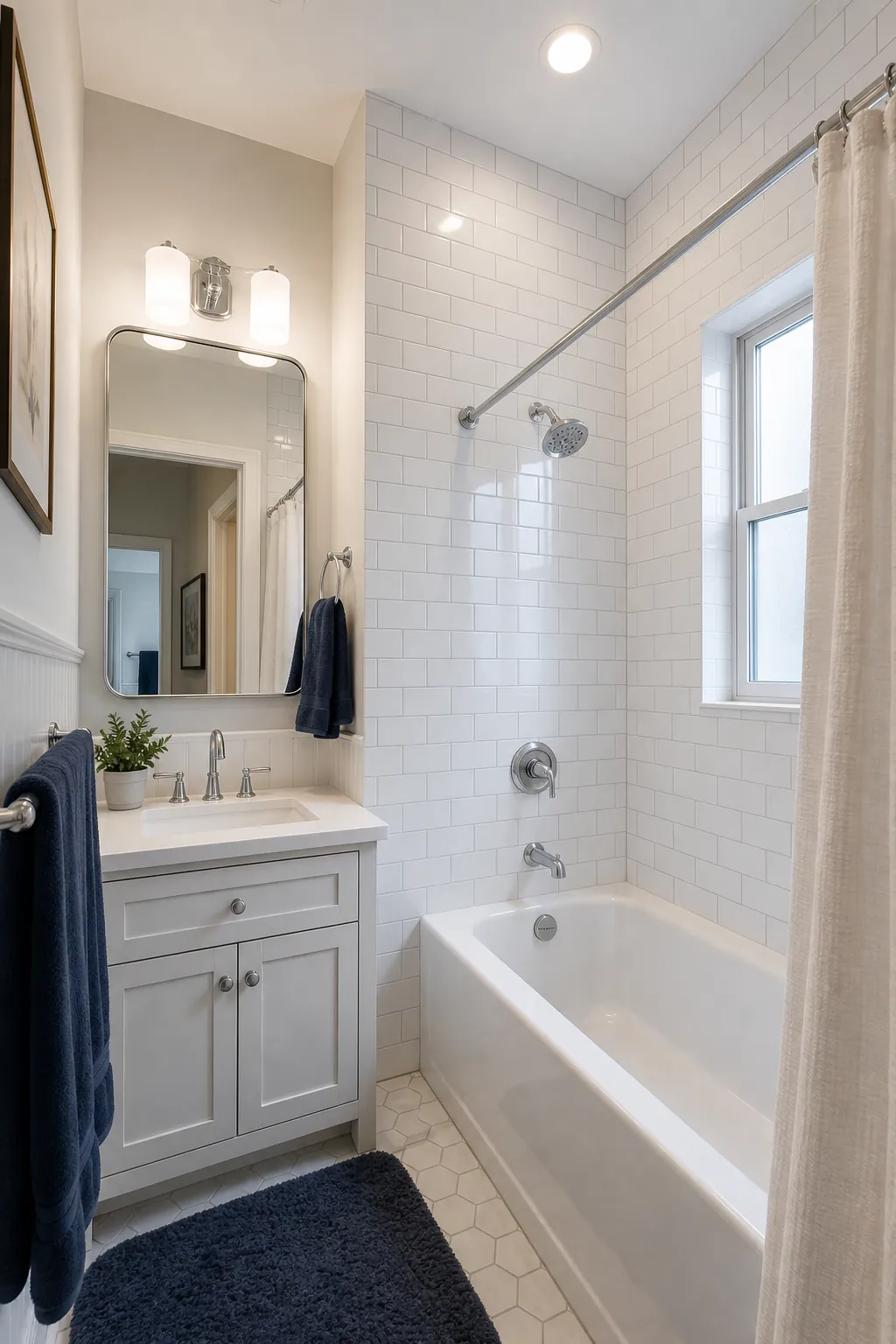 Small full bathroom shower tile installed all the way to the ceiling
