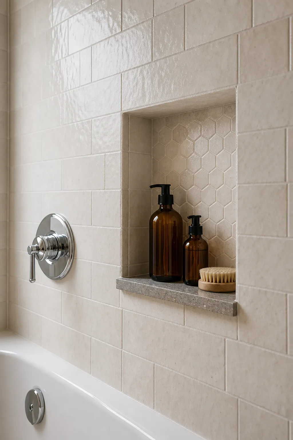 Tiny bathroom shower niche built into the tile wall for bottle storage
