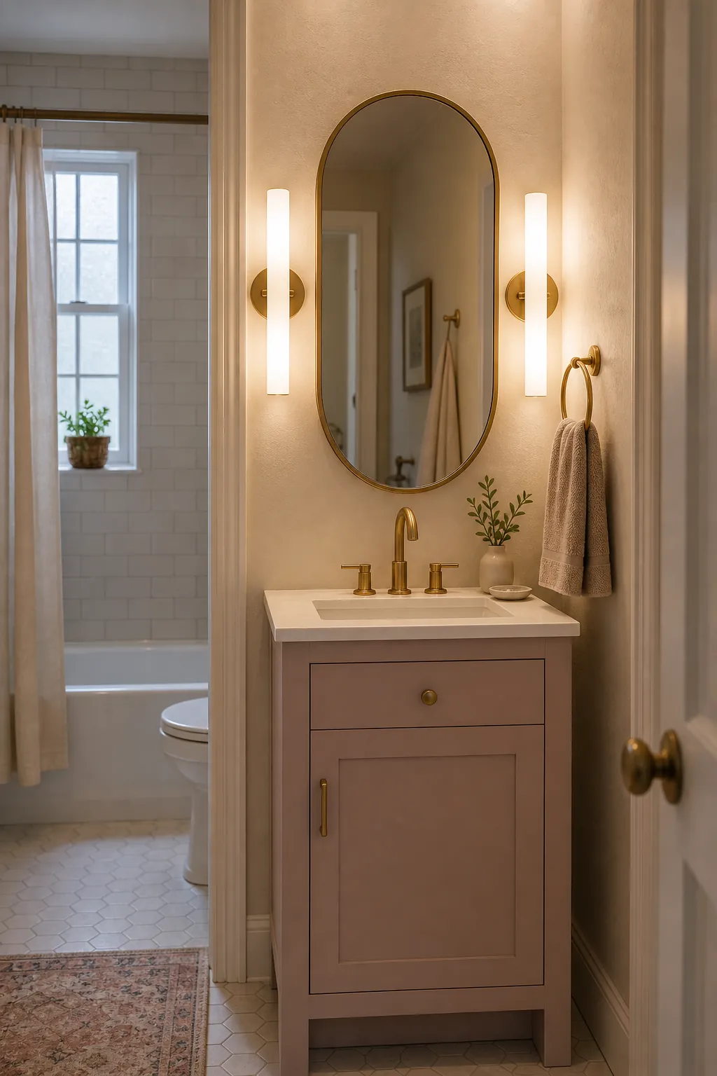 Small full bathroom vanity with vertical sconces beside the mirror