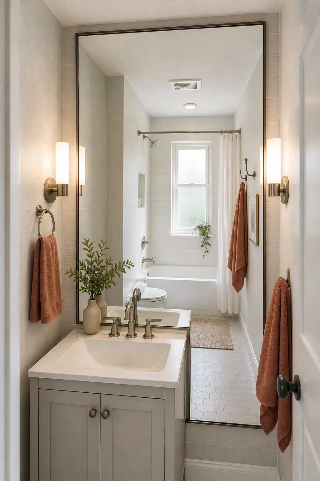 Tiny full bathroom with one large slim framed mirror above the vanity