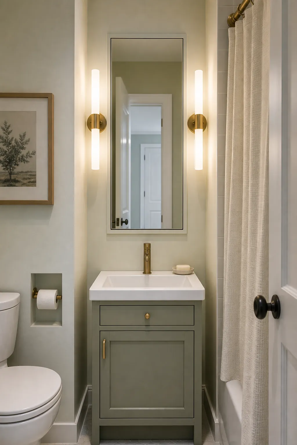 Small bathroom with recessed medicine cabinet above a slim vanity