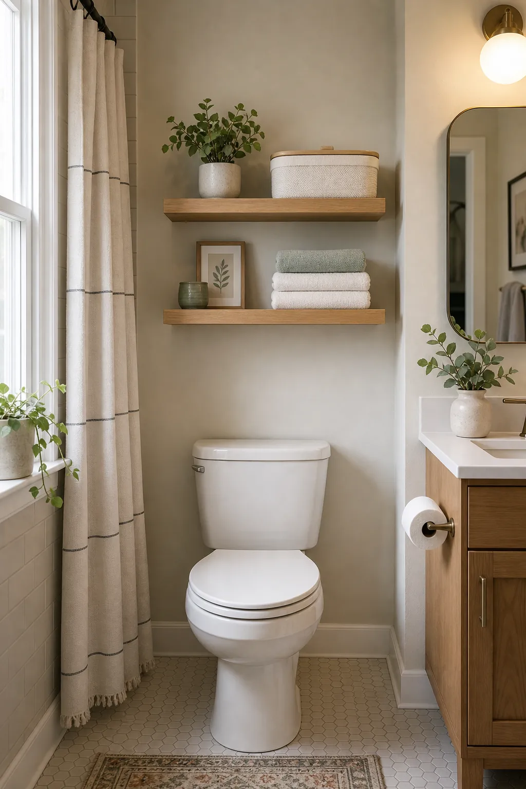Small bathroom with shallow floating shelves above the toilet