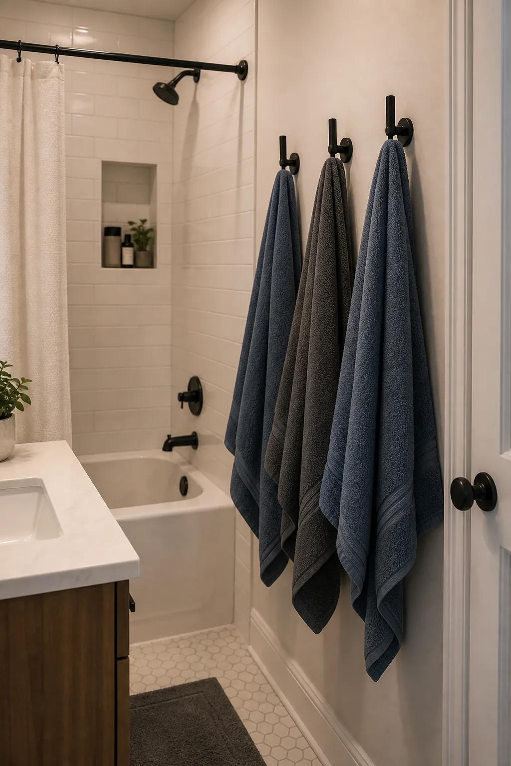 Tiny bathroom with towel hooks beside the shower instead of towel bars
